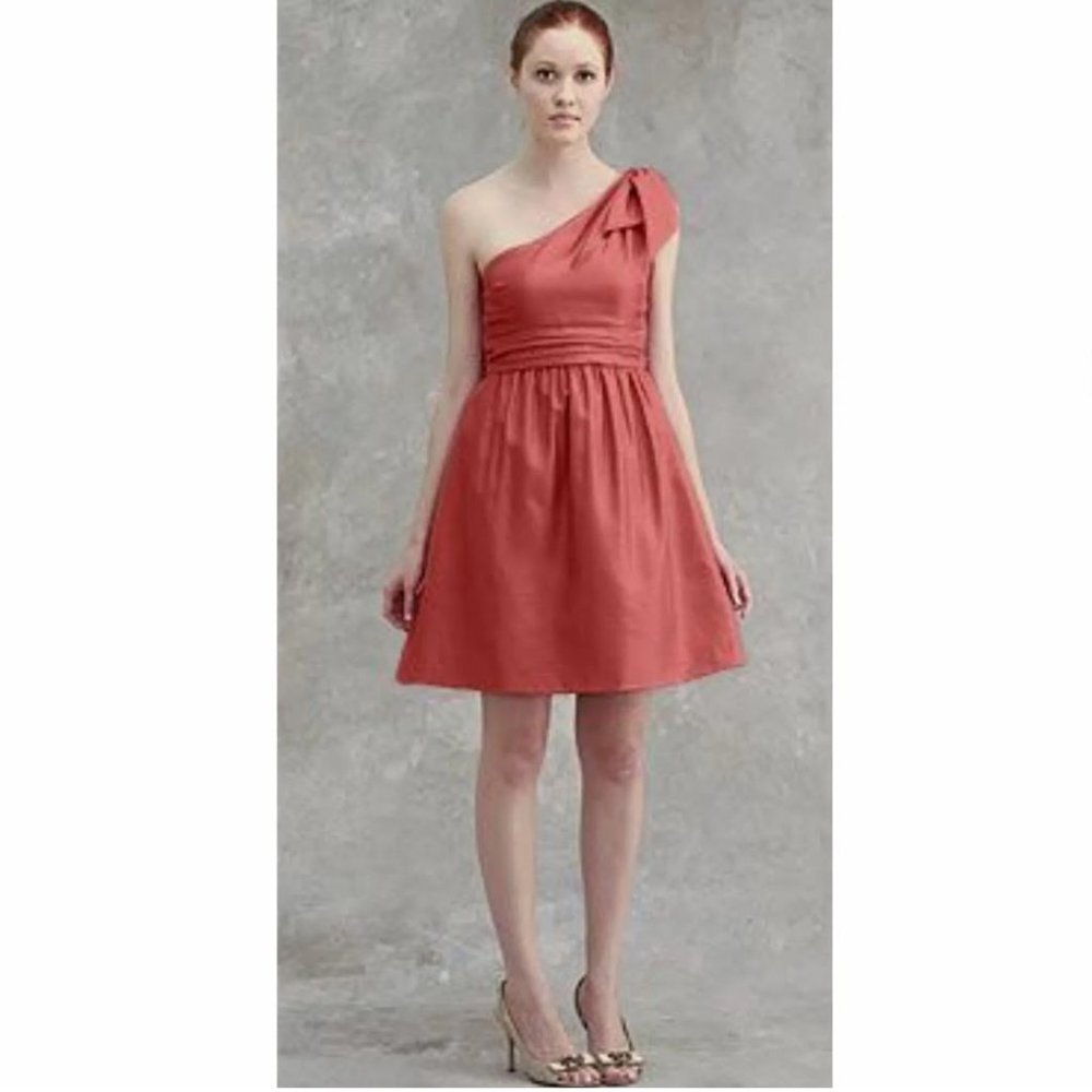 JENNY YOO Collection Dress, Orange 100% Silk One Shoulder Cocktail Wedding Bow 8